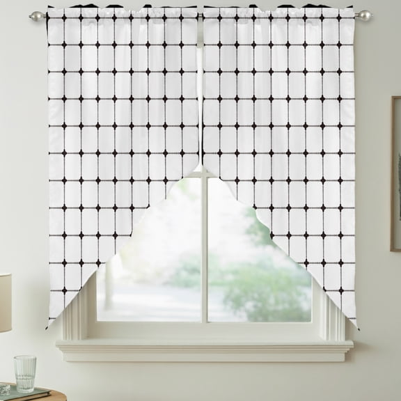 White Gingham Swag Kitchen Curtain Valances, Modern Minimalist Black Line Grid Points Checkered Rod Pocket Curtains Window Treatment Decor Valances for Bedroom Bathroom, 2 Panels 36 x 36 Inch