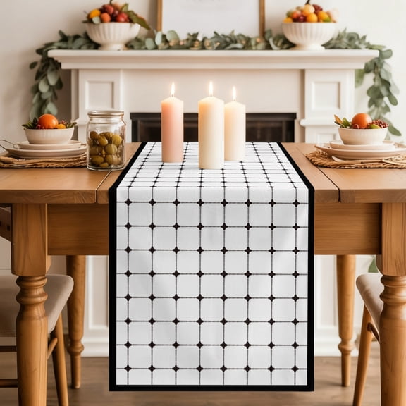 White Gingham Table Runner 13x36 Inch Modern Minimalist Black Line Grid Points Checkered Cotton Linen Dining Table Runner Ideal for Dresser Kitchen Coffee Tables - Machine Washable