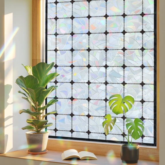 White Gingham Window Privacy Film, Modern Minimalist Black Line Grid Points Checkered Stained Glass Rainbow Film Decorative Window Clings, Static Cling Sun Blocking Stickers 19.6" x 39.3"