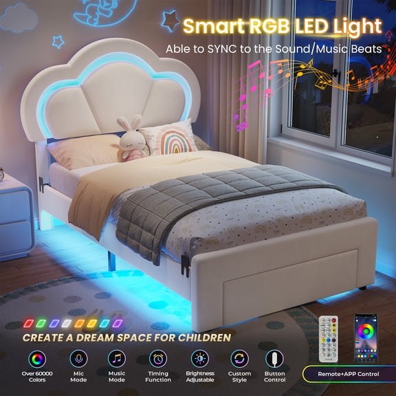 White Girls Bed Frame with Led Lights and Storage Drawer, Twin Size Velvet Upholstered Platform Bed Frame with Adjustable Flower Headboard, Princess Bed with Solid Wooden Slats