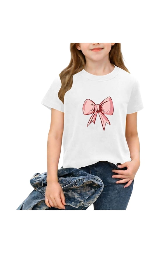 White Girls Bow Graphic Tee Soft Stretchy Short Sleeve T-Shirt Crewneck Polyester Spandex Kids Big Girl Casual Summer Top,Size 2-3 T