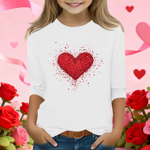 White Girls' Casual Heart Print Tee - Cold Shoulder 3/4 Sleeve Soft Stretch Polyester Spandex Top for 5-12 Years Kids,Size 10-11T