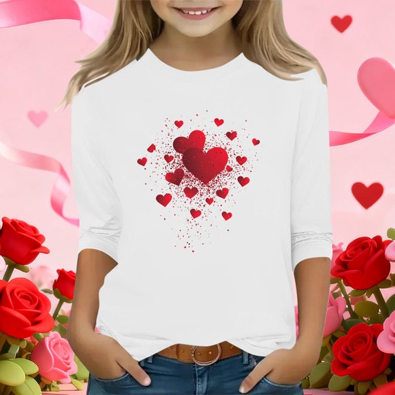 White Girls Cold Shoulder Heart Print Tee, Soft Polyester Spandex 3/4 Sleeve Relaxed Fit Casual Blouse for Ages 4-12, Valentine's Day Cute Top,Size 12-13T