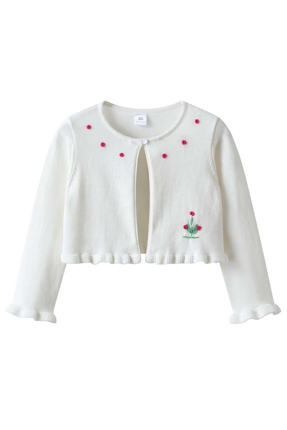 White Girls Cropped Knit Cardigan Long Sleeve Floral Pom Pom Bolero Sweater for Kids,Size 9-10T