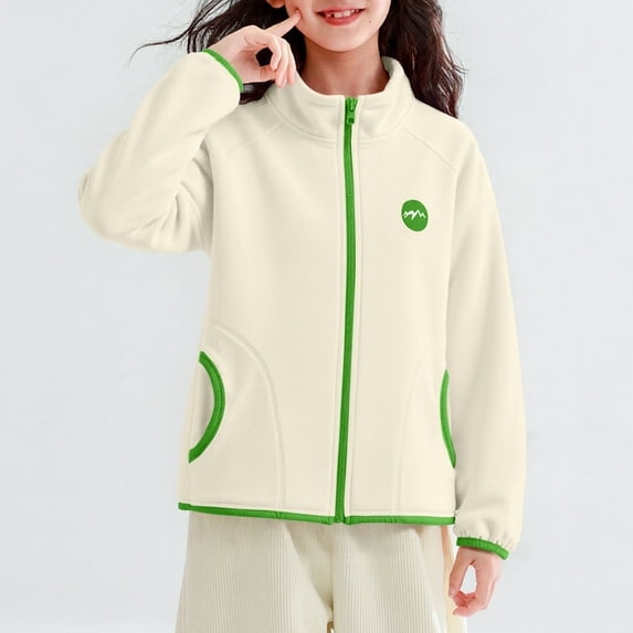 White Girls Fleece Jacket - 100% Polyester Machine Washable Cozy Lightweight Full Zip Stand-Up Collar Elastic Cuffs Side Pockets Relaxed Fit Sizes 4-15,Size 7-8 T