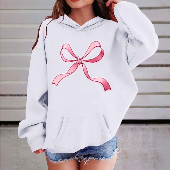 White Girls Hooded Sweatshirt, Glossy Pink Bow Graphic Oversized Pullover, Soft 95% Polyester 5% Spandex for Girls 6-14 Years, Casual Everyday Wear,Size 14 T