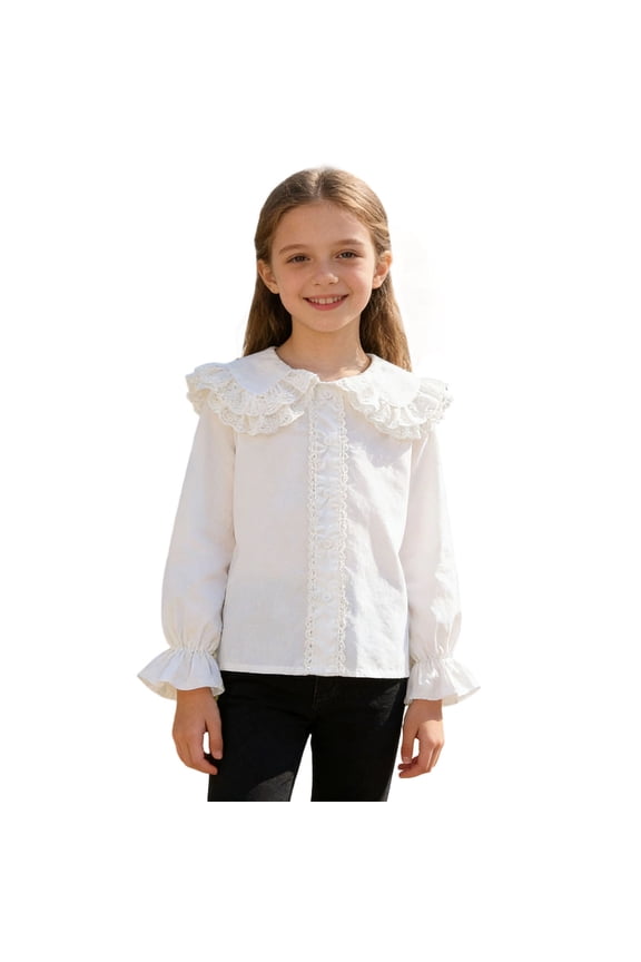 White Girls Lace Blouse Long Sleeve 100% Cotton Peter Pan Collar Ruffled Top for Kids to Teen, School & Party,Size 9 T