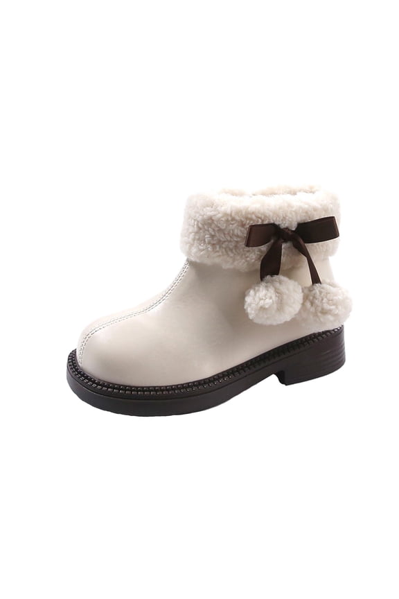 White Girls Mid Calf Boots With Pom Pom Accents And Round Toe Heeled Design, Uk Inspired For Fall And Winter Seasons For Children Ages 4-5