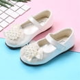 thumbnail image 1 of White Girls Pearl Flower Dress Flats Size 10, Kids Bow Strap Princess Shoes for Weddings Parties Recitals and Special Occasions, 1 of 7