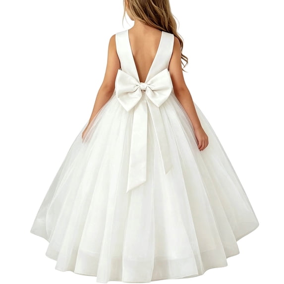 White Girls Wedding Guest Formal Date Night Evening Birthday Homecoming Dress for Girl Faux Satin Floral Bow Tie Goddess Mesh 2026 5 Years
