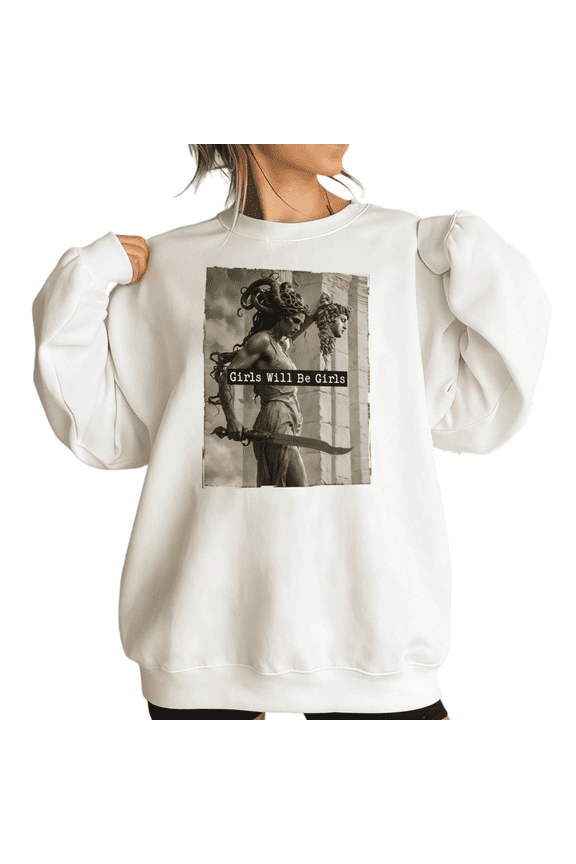 White "Girls Will Be Girls" Dark Medusa Graphic Crewneck Sweatshirt Women's Oversized Loose Fit Greek Mythology Aesthetic Crewneck Tops S-3XL