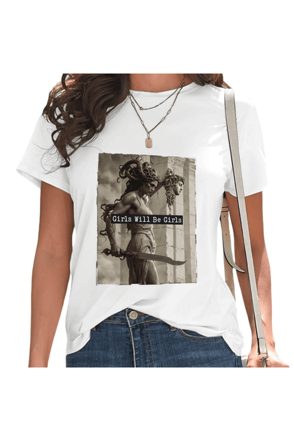 White "Girls Will Be Girls" Dark Medusa Graphic T-Shirt Women's Casual Loose Fit Greek Mythology Aesthetic Short Sleeve Tops S-5XL