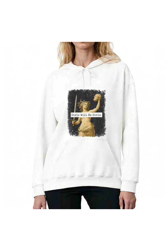 White "Girls Will Be Girls" Medusa Statue Graphic Hoodie Women's Casual Loose Fit Retro Greek Mythology Aesthetic Pullover Hoodie Tops S-2XL