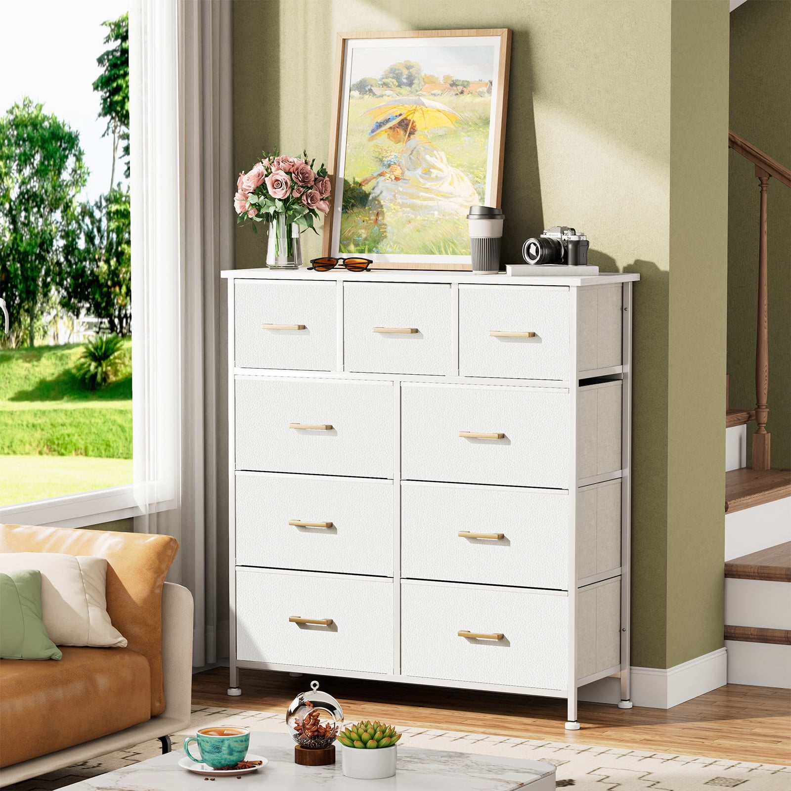 White Glacier Dresser with 9 Drawers, Sturdy Steel Frame, Fabric Bins,  Leather Finish Wood Top, for Bedroom, Closet, Living Room, Hallway, Nursery  - Walmart.com