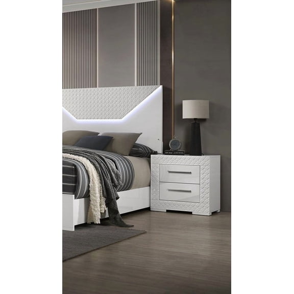White Glam 2-Drawer Nightstand with High Gloss & Chrome Handles