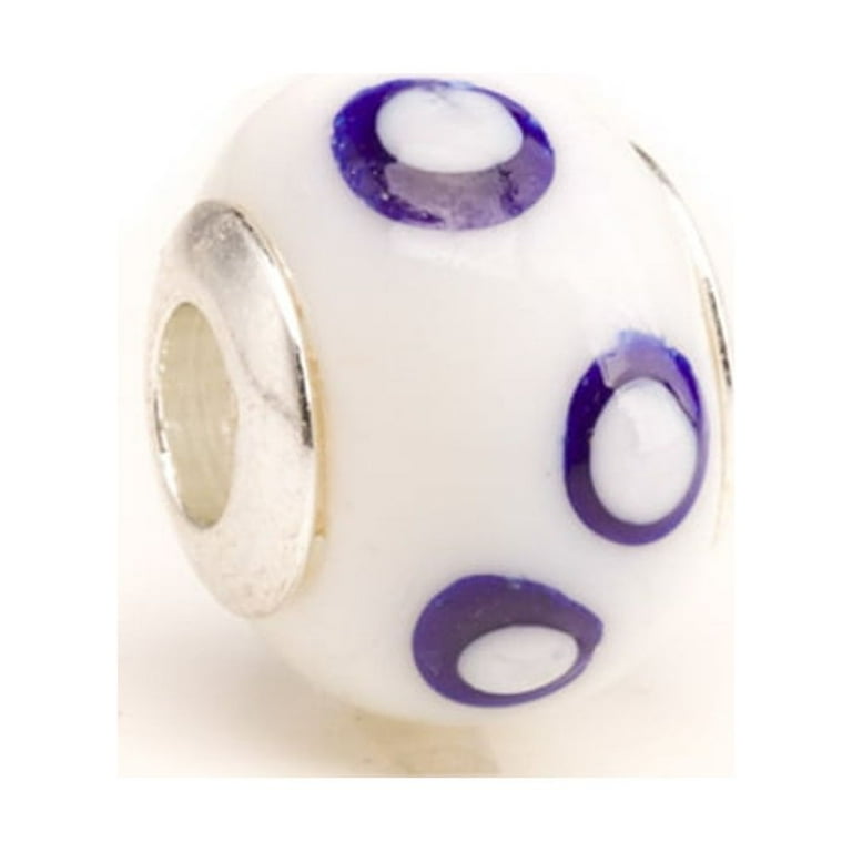 White Glass Blue Circles Large Hole Beads Murano Lampwork European