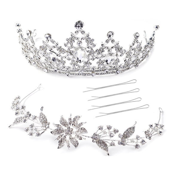 White Glass Crystal Fancy Flower Crown Tiara with Hair Band Pins in Birthday Gifts