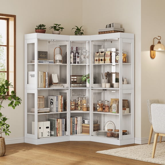 White Glass Front & Curved Wood Corner Cabinet with Tempered Glass Doors and Shelves (combination)
