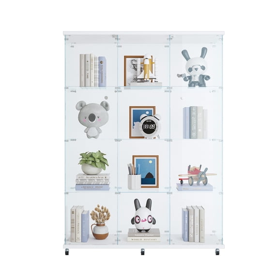 White Glass Showcase Cabinet With 4 Shelves - For Model, , Collections, Artworks, Decorations 3 Door Tempered 68.36”h X 47.7”l 14.5”w Ideal Photos, Decorations, Collections