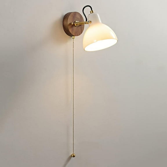 White Glass Wall Sconce Modern Copper Wall Lamp with Pull Chain Switch Indoor Wall Light, Indoor Wall Mount Lighting Fixtures for Bedroom Reading, E14 Headboard Lamps