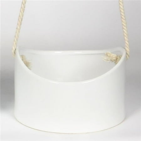 White Glazed Ceramic with Rope Hanger Hanging Planter