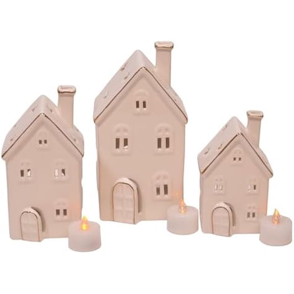 White Glazed Porcelain with Gold Trim Holiday Tea Light Village House Figurines, Set of 3, 8 Inch$$Home Decor, Kitchen, & Other