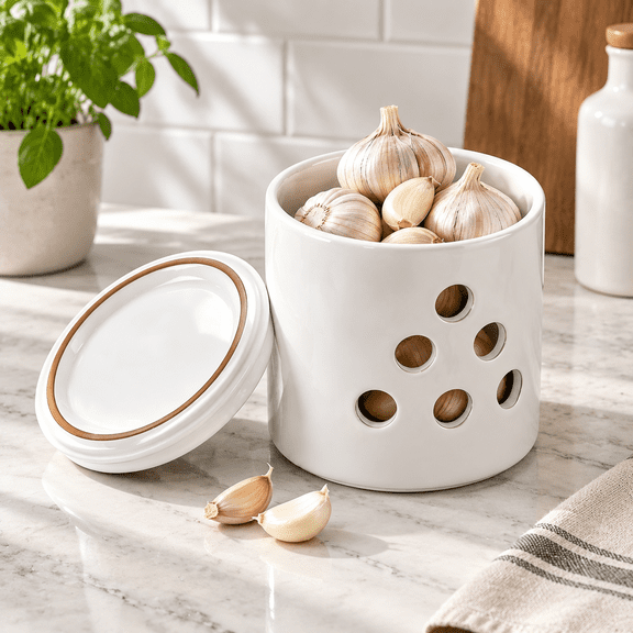 White Glazed Terracotta Garlic Keeper Storage Container For Onions Lemons Potatoes Ginger