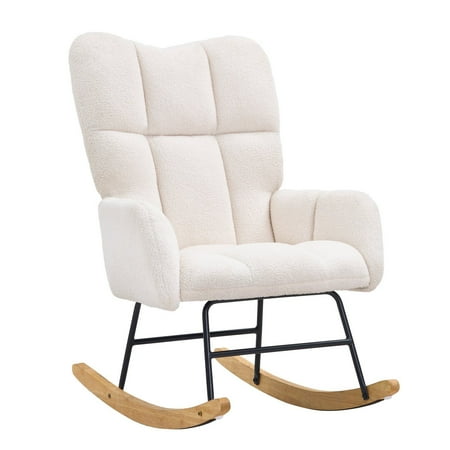White Glider Rocking Chair for Nursery, 250 lb Capacity Soft Upholstered Swivel Rocker with High Back - Ivory Teddy Fabric, for Bedroom & Living Room