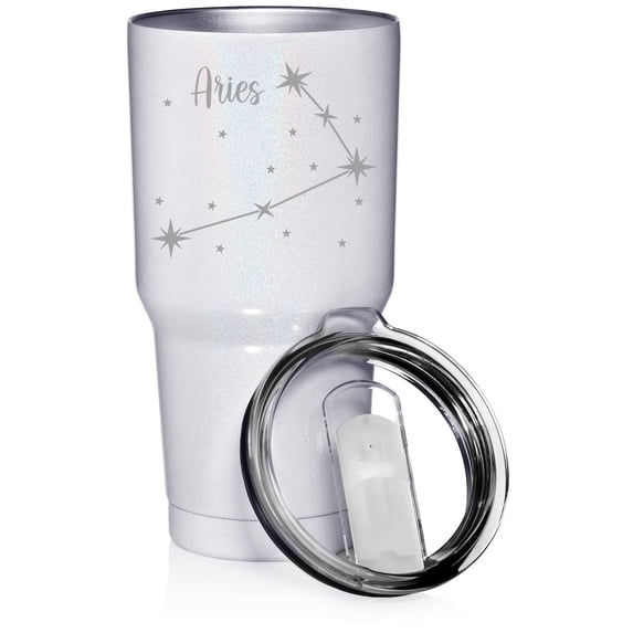 White Glitter 30 oz Tumbler Stainless Steel Vacuum Insulated Travel Mug Cup Star Zodiac Horoscope Constellation (Aries)