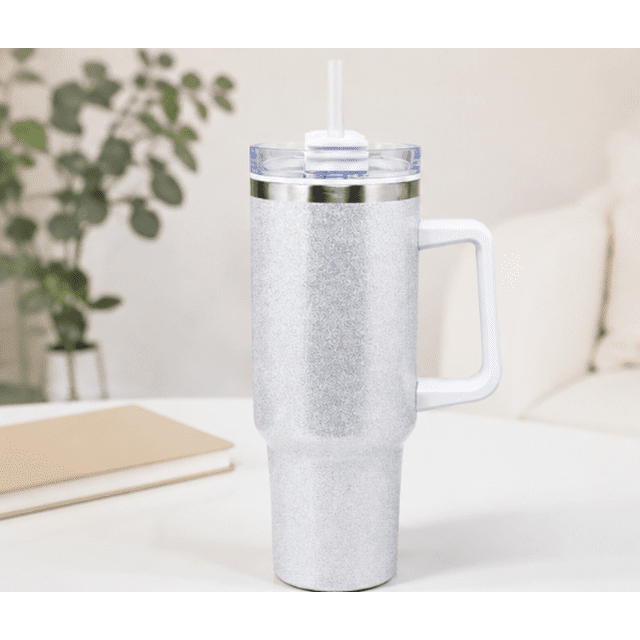 White Glitter 40 oz Stainless Steel Tumbler with Handle and Straw ...