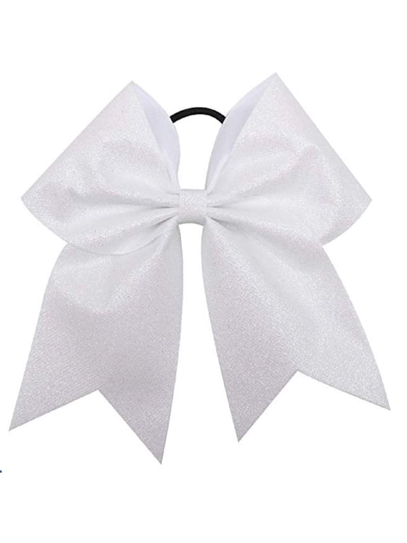 White Glitter Cheer Bows - Cheerleading Softball Gifts for Girls and Women Team Bow with Ponytail Holder Complete your Cheerleader Outfit Uniform Strong Hair Ties Bands Elastics by Kenz Laurenz