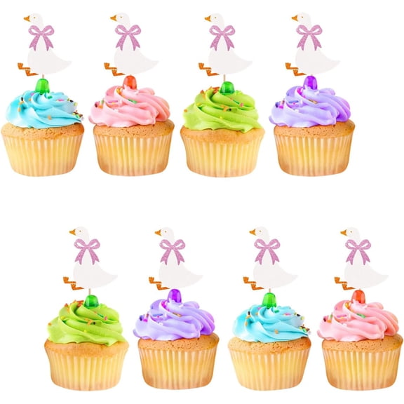 White Glitter Goose with Pink Bow Cupcake Toppers 12PCS Cute Goose Animal Theme Baby Shower Birthday Party Cupcake Cake Decor Picks