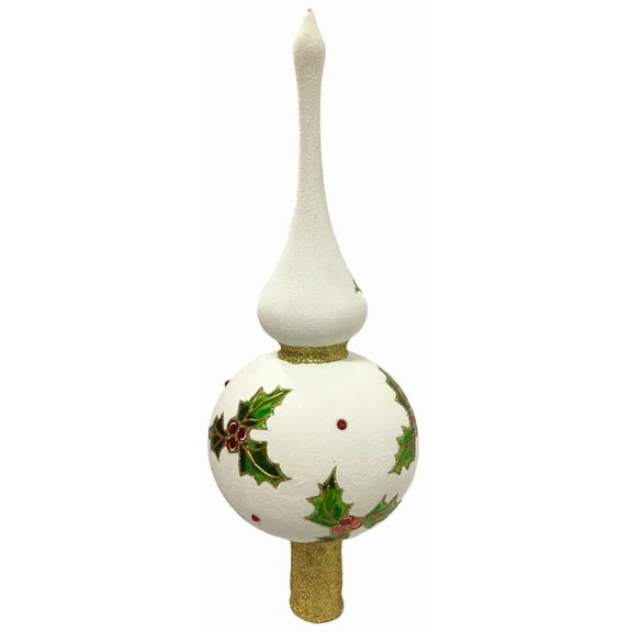 White Glitter Holly Finial Polish Glass Christmas Tree Topper Made in Poland