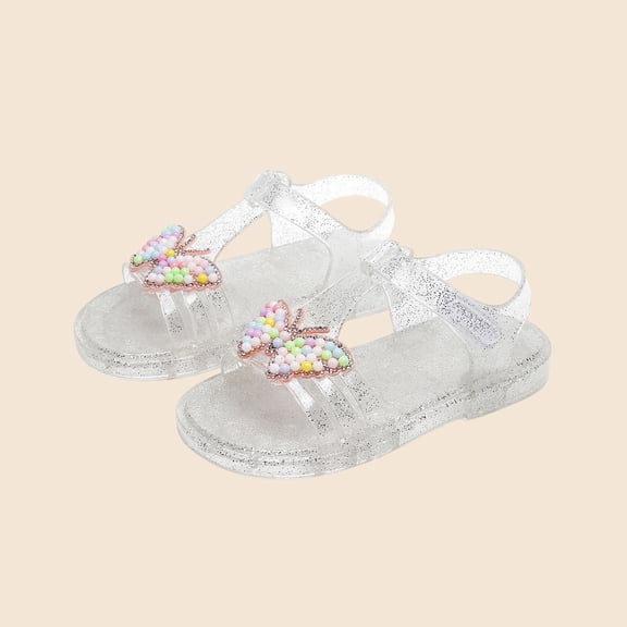 White Glitter Jelly Sandals for Kids Girls, Flat with Butterfly Beads, Non-Slip Hook & Loop,Size 26