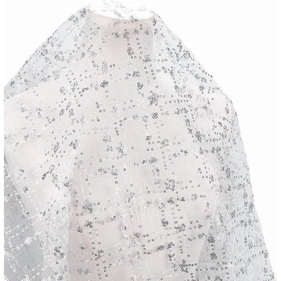 White Glitter Mesh Fabric Sparkle Sequins Beaded Net Fabric by The Yard Metallic Shiny Silver Sequin Netting Lace Cloth for Sewing Making Crafts Dresses Wedding Costumes Home Decor Supply for DIY