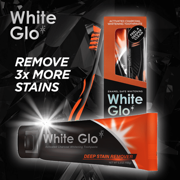 White Glo Deep Stain Remover Activated Charcoal Whitening Toothpaste, 5.2 OZ (150 g) + Toothbrush