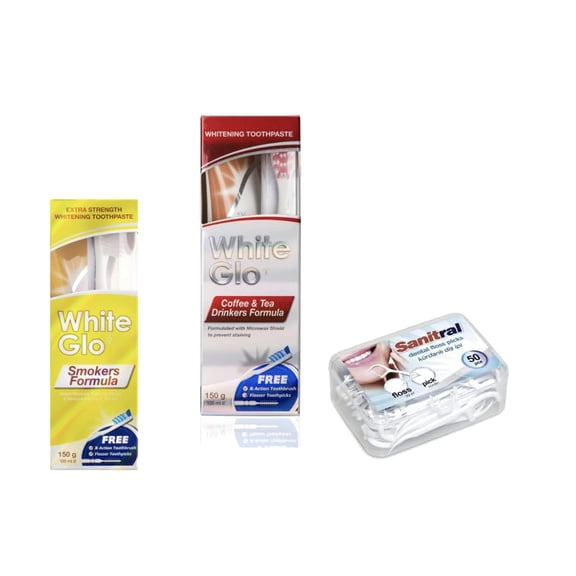 White Glo Smokers and Coffee + Tea Drinkers Formula Toothpaste 100 ml Set of 2 (with Sanitral 50 Pcs Dental Floss Stick Included as a Gift)