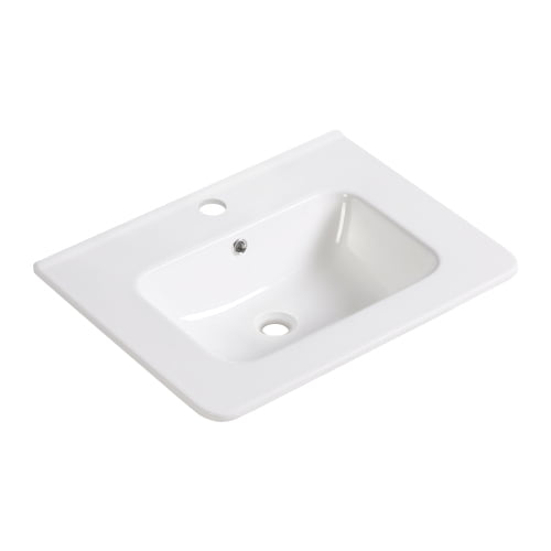 White Glossy Ceramic Bathroom Vessel Sink Top, Integrated Oval Design, Pre-Drilled Centerset, With Overflow, Without Faucet/Drain, Easy Clean