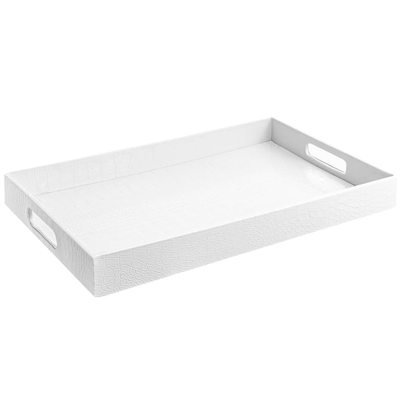 White Glossy Crocodile Faux Leather Serving Tray With Handles, Multi-Use Decorative Organizer