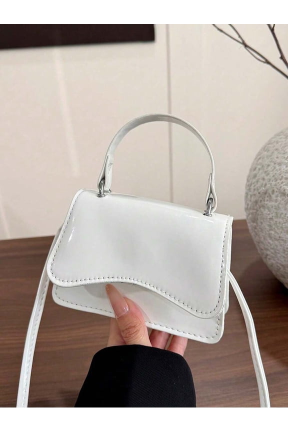 White Glossy Patent Leather Mini Top Handle Handbag With Adjustable Strap
