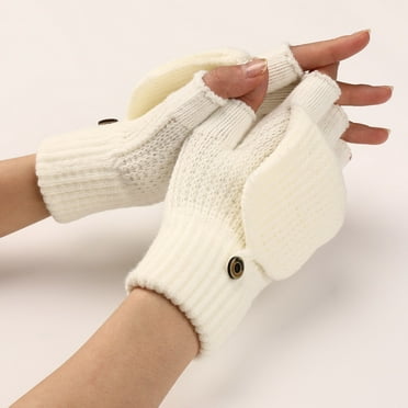 White Gloves Mittens Winter Knit Convertible Fingerless Gloves Wool Gloves Thermal Gloves Unisex