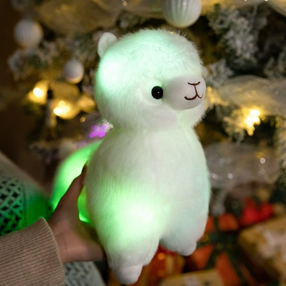 White Glow-in-the-Dark Alpaca Plush, 11-inch Light Up Stuffed Animal, Nighttime Comfort Companion with Soothing LED