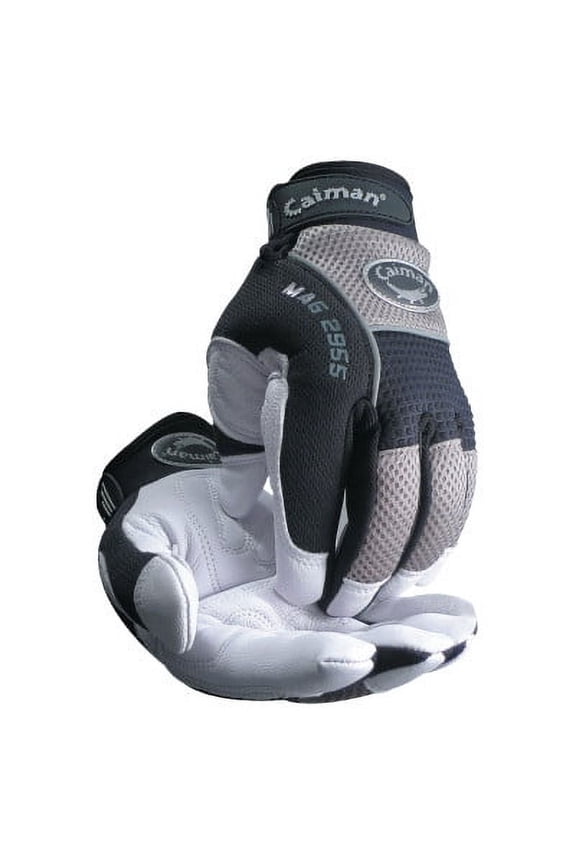 White Goat Grain Leather Palm Gloves, Large, White/Black/Gray