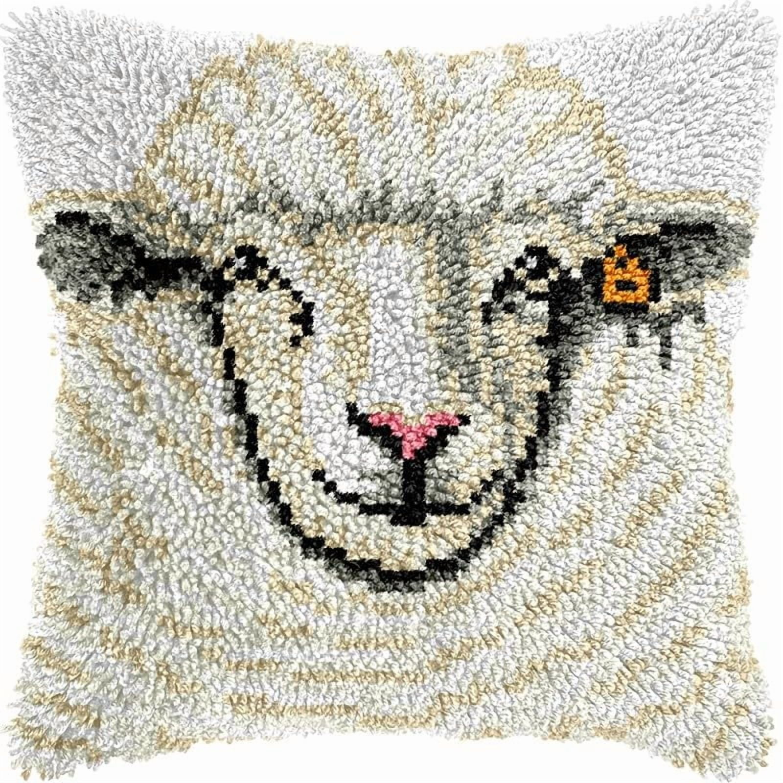 White Goat Latch Hook Pillow Kits Pillow Cover Pattern Printed Canvas Crochet Cross Stich Hooking Pillowcase Cushion Crafts Embroidery Latch Hooking Crochet Kits Set 17x17 inch(121)