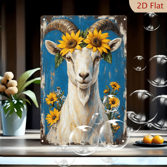 White Goat Portrait with Sunflower Crown on Blue Background, Rustic Vintage Distressed Metal Wall Art Print for Home Decor, 8x12 Inches
