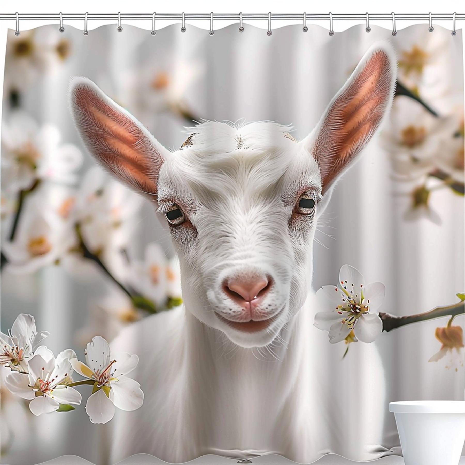 White Goat and Spring Flowers Bathroom Shower Curtain Hyper Realistic