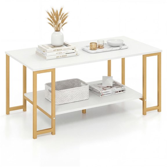 White and Gold 2-Tier Coffee Table, Modern Minimalist Center Table with Open Storage Shelf, Robot Vacuum Friendly Raised Bottom Heavy Duty Metal Frame Cocktail Table for Living Room