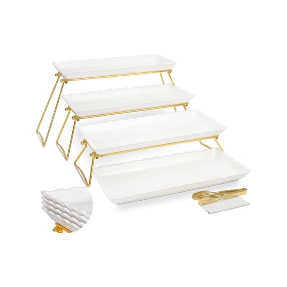 White And Gold 4 Tier Serving Tray Set Extra Large Wave Edge Melamine Dessert Table Display Stands Foldable Metal Buffet Food Risers Tower For Party Entertaining