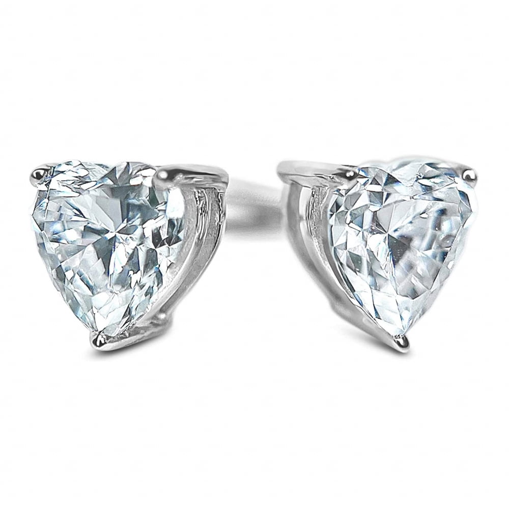 White Gold 925 Sterling Silver Heart Shaped Women's Screw Back Cz Stud Earrings