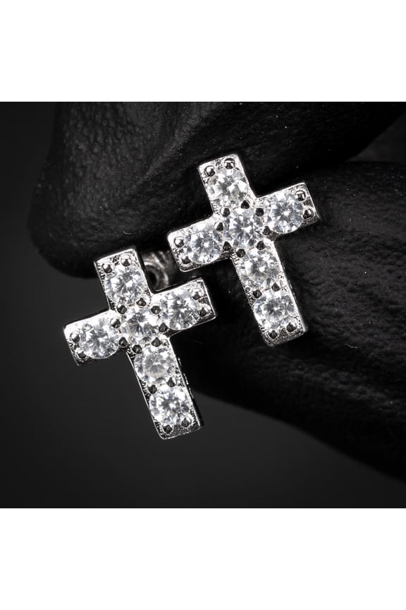 White Gold 925 Sterling Silver Small Mens Women's Prong Set Iced 5A Cz Hypoallergenic Ice Out Hip Hop Cubic Zirconia Cross Screw Back Stud Earrings